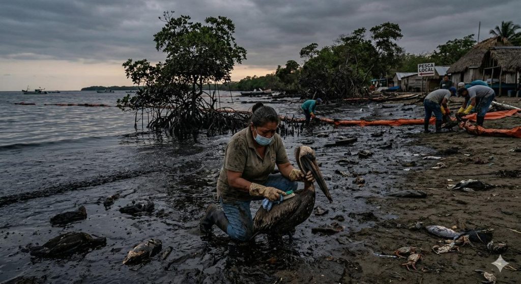 Una mujer arrodillada en la orilla limpia el petróleo de un pelícano empapado, con otros animales muertos cerca debido a un derrame-de-petróleo en el Golfo de México.