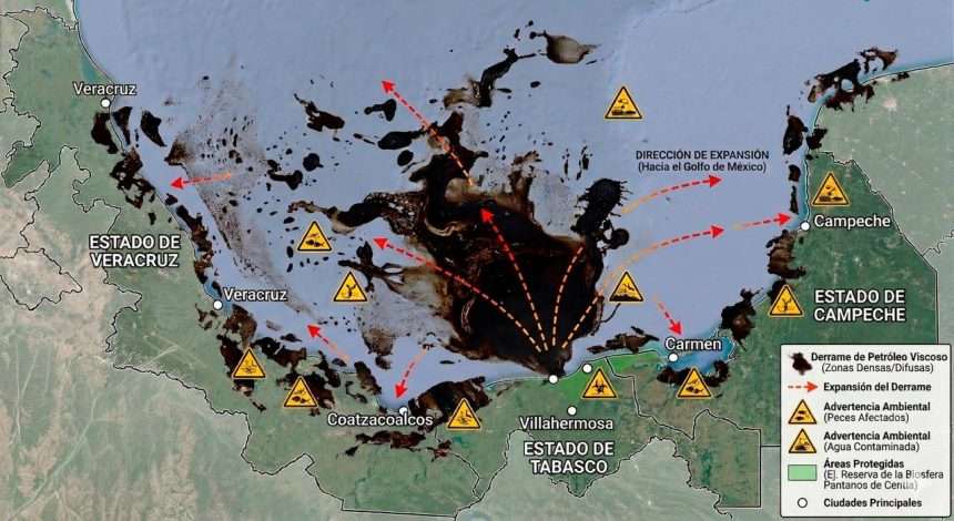 Gráfico de Greenpeace México donde se observa la magnitud donde ha llegado el derrame-de-petróleo en el Golfo de México