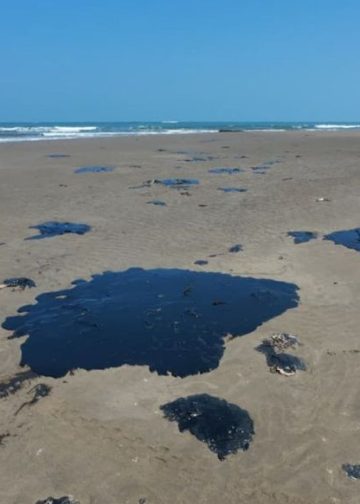 Manchas negras y viscosas de crudo esparcidas sobre la arena de una playa desierta, evidenciando un derrame-de-petróleo.