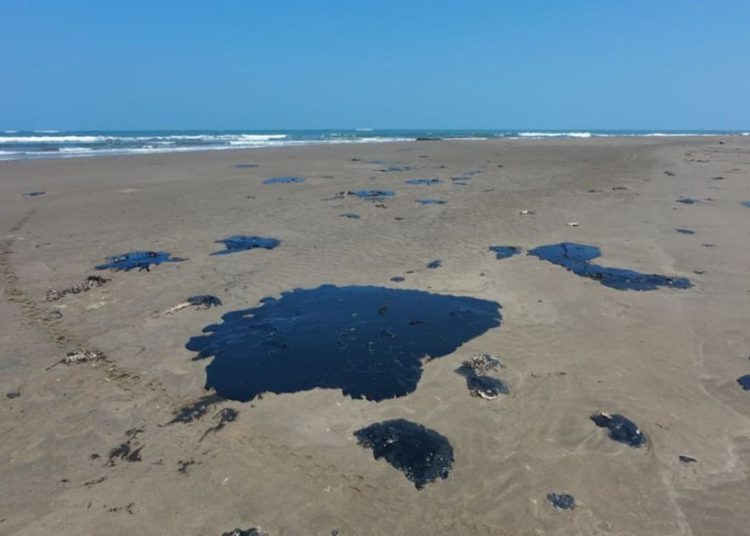 derrame-petrolero-en-el-golfo-de-mexico-lo-que-dice-el-gobierno-vs-lo-que-denuncia-greenpeace - VOZ Y OPINION Manchas negras y viscosas de crudo esparcidas sobre la arena de una playa desierta, evidenciando un derrame-de-petróleo.