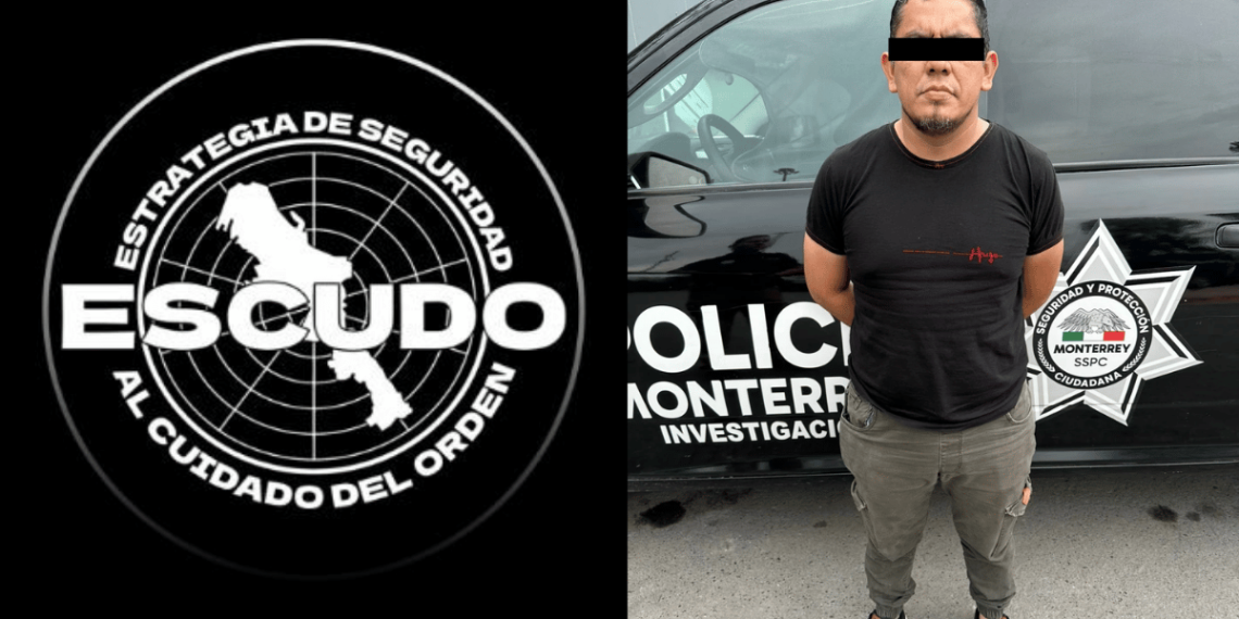 cae-ratero-armado-con-marihuana - VOZ Y OPINION Left image shows a circular black and white security insignia with a map silhouette and the word 'ESCUDO' and related text; right image shows a man with a black bar over his eyes standing in front of a Monterrey police investigation vehicle.