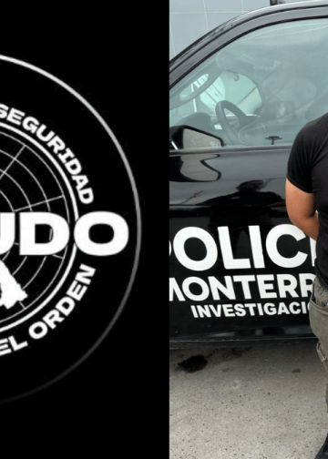 cae-ratero-armado-con-marihuana - VOZ Y OPINION Left image shows a circular black and white security insignia with a map silhouette and the word 'ESCUDO' and related text; right image shows a man with a black bar over his eyes standing in front of a Monterrey police investigation vehicle.