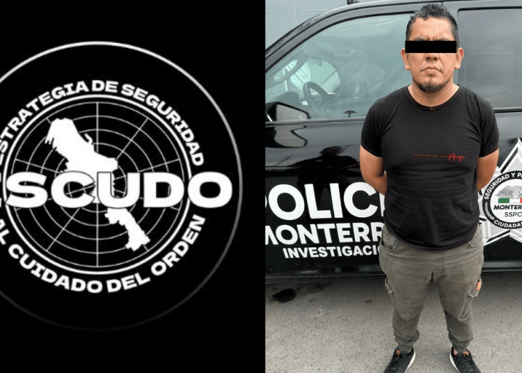 cae-ratero-armado-con-marihuana - VOZ Y OPINION Left image shows a circular black and white security insignia with a map silhouette and the word 'ESCUDO' and related text; right image shows a man with a black bar over his eyes standing in front of a Monterrey police investigation vehicle.