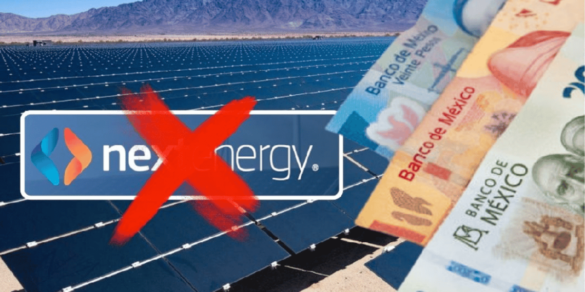 monterrey-termina-acuerdo-con-next-energy - VOZ Y OPINION Wide view of a solar farm with rows of panels, mountains in the distance, a red X stamped over a logo that includes the word energy, and a fan of Mexican banknotes on the right.