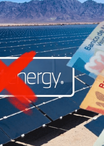 Wide view of a solar farm with rows of panels, mountains in the distance, a red X stamped over a logo that includes the word energy, and a fan of Mexican banknotes on the right.