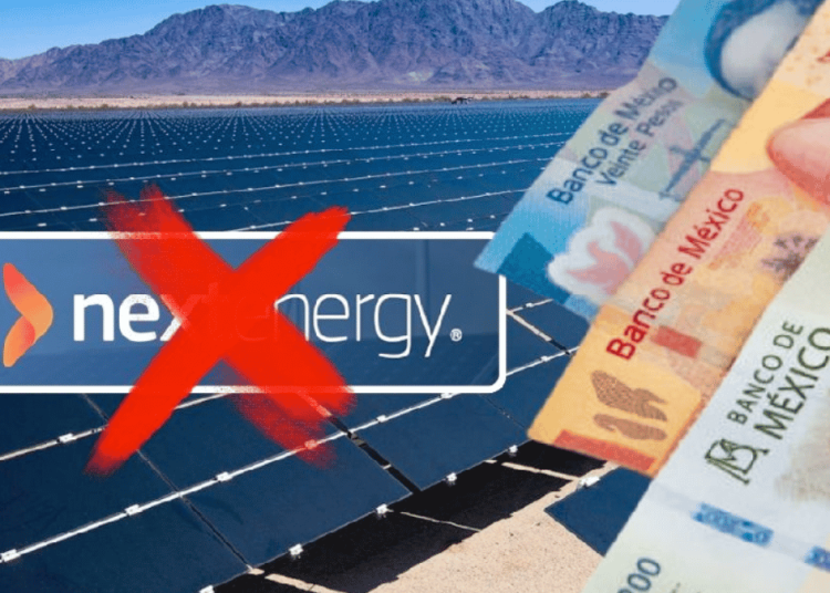 monterrey-termina-acuerdo-con-next-energy - VOZ Y OPINION Wide view of a solar farm with rows of panels, mountains in the distance, a red X stamped over a logo that includes the word energy, and a fan of Mexican banknotes on the right.