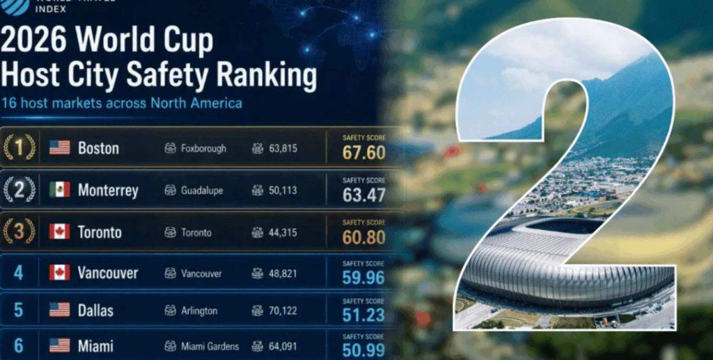 monterrey-logra-el-top-2-del-mundial-por-seguridad - VOZ Y OPINION Graphic showing the 2026 World Cup Host City Safety Ranking with a scoreboard listing Boston, Monterrey, Toronto, Vancouver, Dallas and safety scores next to each city; large numeral 2 graphic on the right.